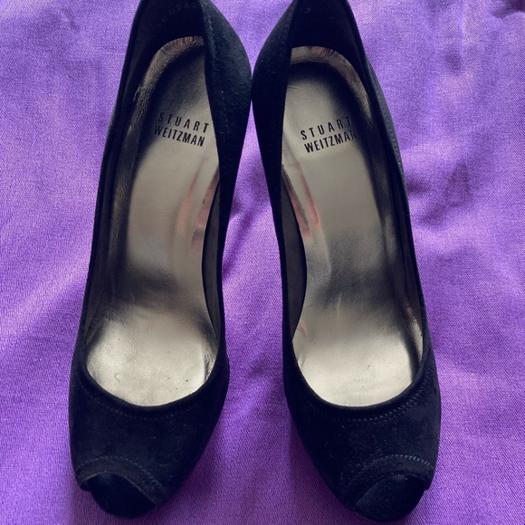 Stuart Weitzman Black Suede Peep Toe Platform Heels Size 7 - Picture 3 of 9